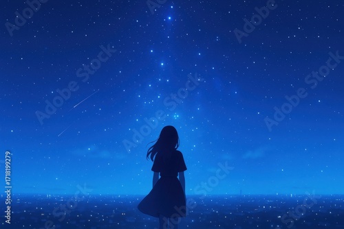 星空を見上げる女性の後ろ姿、孤独感と希望のイメージ