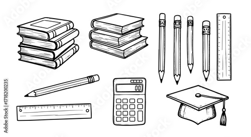 Education Doodle Set with Books Pencils Ruler Calculator and Graduation Cap Hand-Drawn Style