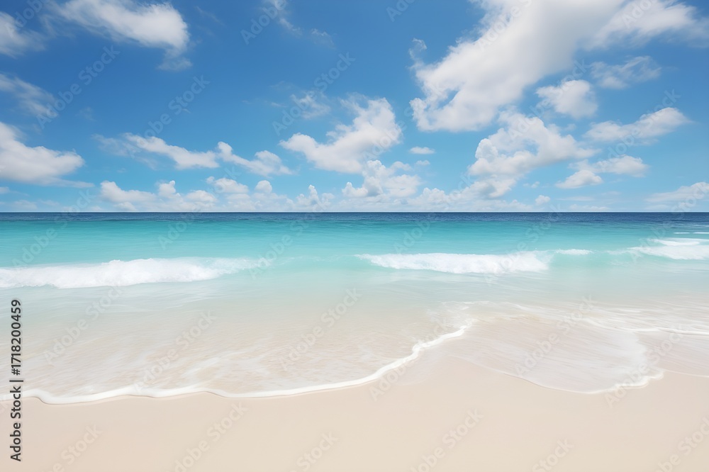 Fototapeta premium Pristine White Sand Beach with Turquoise Waves, Tropical Paradise Seaside, Crystal Clear Water and Serene Coastal Landscape, 8K Ultra HD Nature and Travel Photography