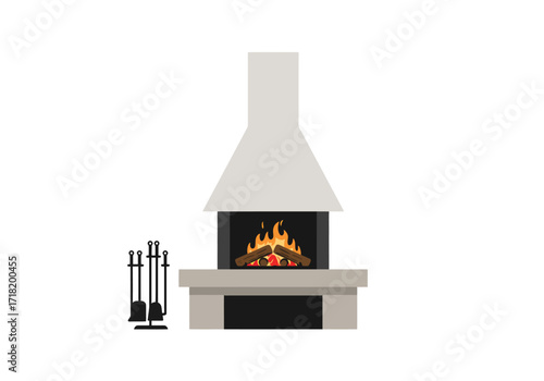Modern Stone Fireplace with Fireplace Tools.
