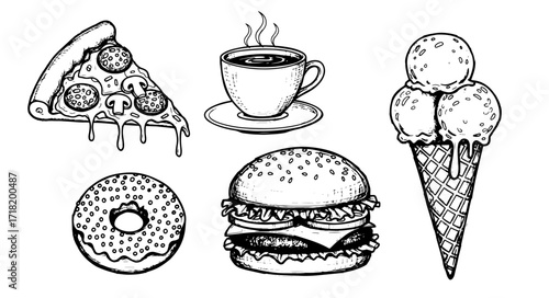 Food Doodle Set Featuring Pizza Coffee Donut Burger and Ice Cream Cone in Hand-Drawn Style