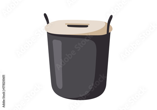 Black Plastic Storage Bin with Wooden Lid and Handles.