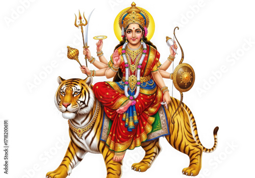 Divine goddess durga riding a majestic tiger fiercely protecting dharma and destroying evil isolated on transparent background