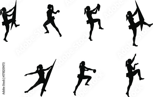 Silhouette climber performing rock climbing poses, extreme sport action, mountain adventure, fitness strength training, outdoor challenge, human body motion illustration