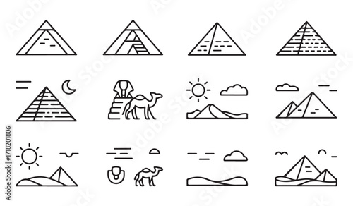 Outline vector collection of Egyptian pyramids and desert scenes for history themes