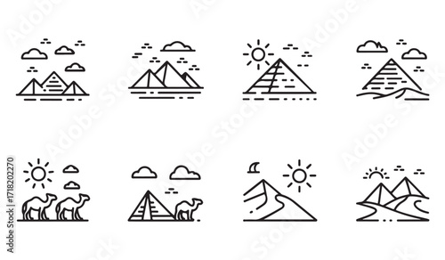 Collection of Egypt landmark line symbols including pyramids and Sahara desert