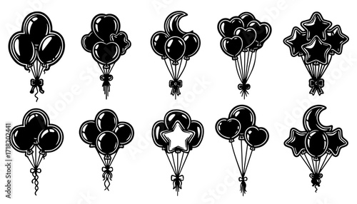 Celebrate with adorable balloon icons featuring hearts, stars, and moons for your next design project, adding festive cheer and whimsical fun to your designs