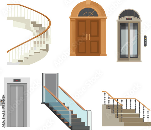 Architectural vertical movement set, staircases, elevators, ornate door, curved steps, glass panels, cartoon style, vector illustration, building interior design