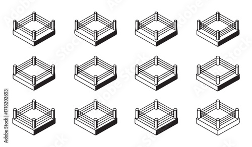 Combat sports ring line illustration set representing fighting stages