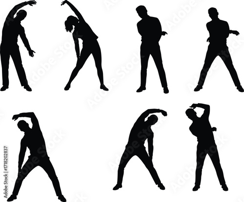 Silhouette of people stretching exercises, fitness workout, body flexibility, healthy lifestyle, warm up routine, yoga posture, physical training, wellness activity