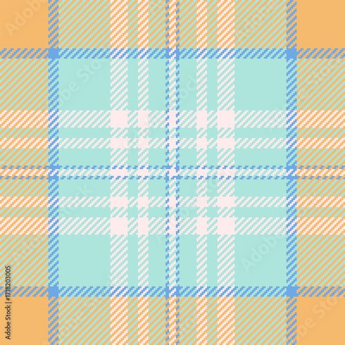 Vibrant plaid pattern featuring light blue, peach, and white hues. Seamless, modern, and ideal for backgrounds, textiles, or festive designs projects requiring a checkered aesthetic.