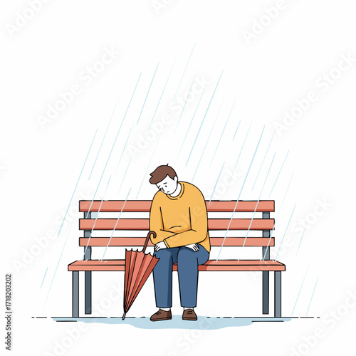 Flat Line Art Sad Man Sitting on Bench in the Rain Illustration
