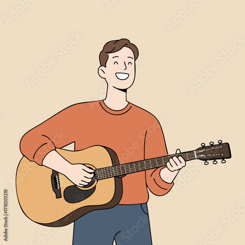 Simple Flat Illustration of Happy Man Playing Acoustic Guitar Character