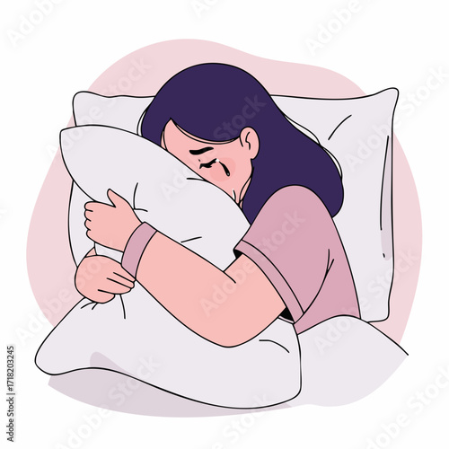Simple Flat Illustration of Sad Woman Hugging Pillow in Bed