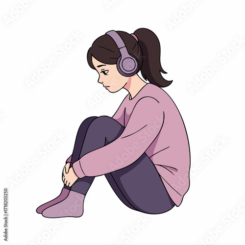 Minimalist Style Depressed Girl Listening to Music with Headphones Illustration