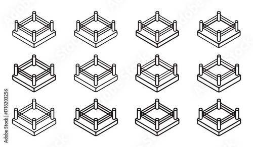 Wrestling and boxing ring outline icons set for combat sports illustration
