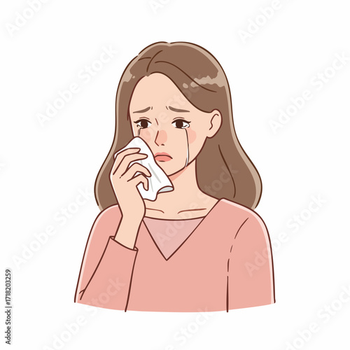 Anime Style Depressed Woman Wiping Tears with Tissue Character Illustration