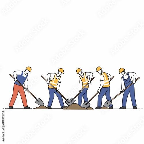 Flat Design Teamwork Worker Digging Soil with Spade for Construction