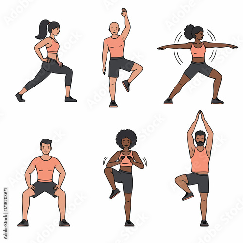 Minimalist Line Art Diverse Group of People Exercising Together Illustration