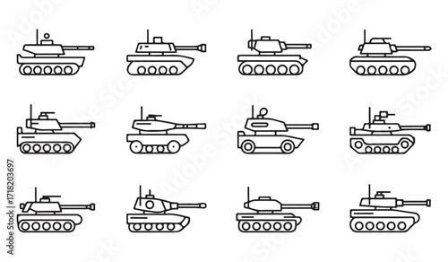 Combat armored vehicles black line illustrations for defense and military use