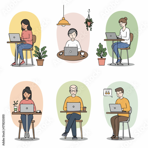Simple Line Illustration People Working Remotely with Laptop Character Design