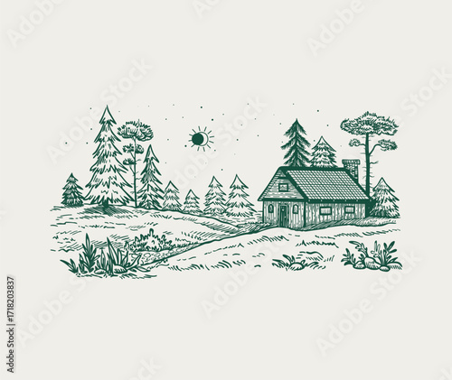 Starry sky with solar eclipse in the forest. Wooden house between the fir trees. Vector line illustration of forest cottage, trees and starry sky with sun