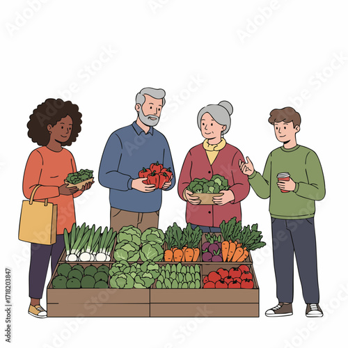 Flat Style Diverse People Buying Vegetables at Farmers Market Scene