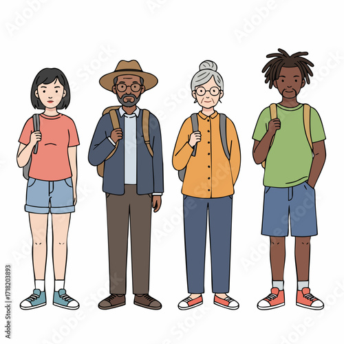 Line Art Diverse Tourist Group Wearing Backpacks Illustration in a Flat Style