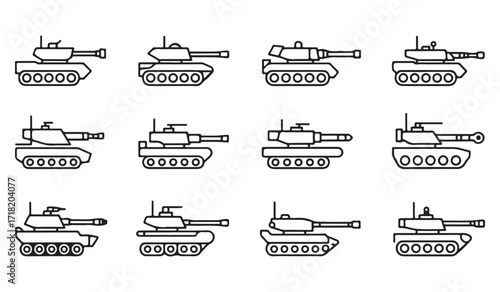 Outline style war tanks collection for army and battle concept design