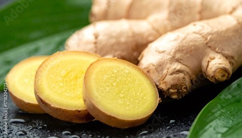 Fresh ginger root and slices on dark background