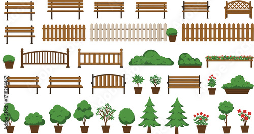 Garden and park elements, benches, fences, potted plants, trees, flower beds, gates, shrubs, outdoor landscape design, vector illustration, nature set
