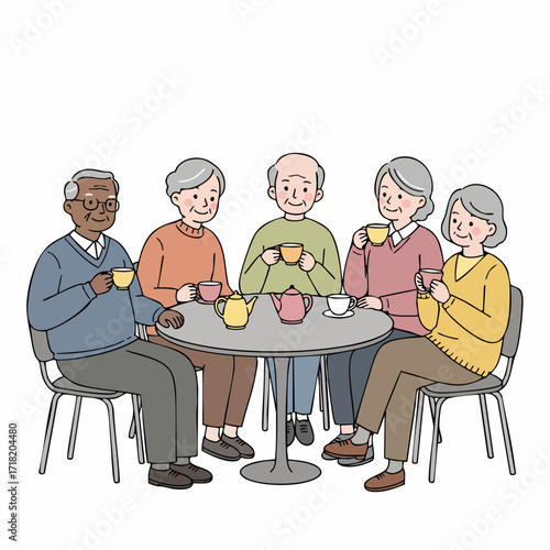 Simple Line Art Group of Senior People Chatting at Cafe Table