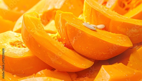 Fresh pumpkin squash slices with water drops