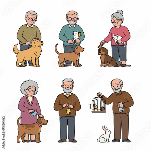 Flat Style Diverse Senior People with Pet Animals Illustration