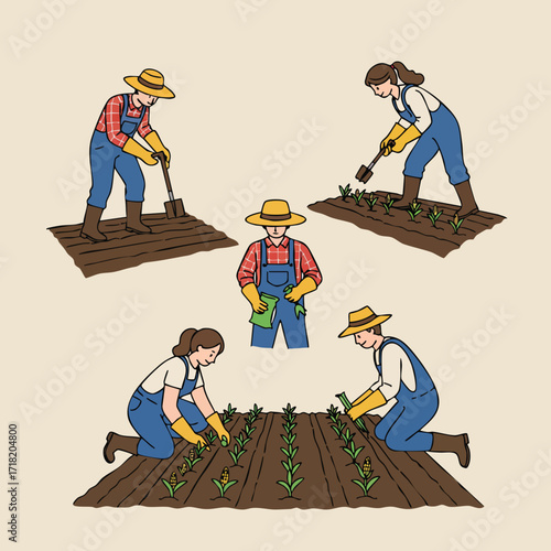 Colorful Handdrawn Farmers Working on the Field Agriculture Illustration