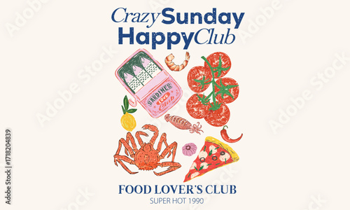 Food club artwork for t shirt print, poster, sticker and other uses. Shrimp, red king crab, squid, chili, spicy, tomato, onion, pizza vector artwork.