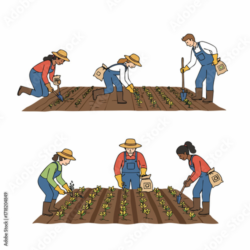 Flat Illustration Diverse People Gardening and Planting Crops in a Field Scene