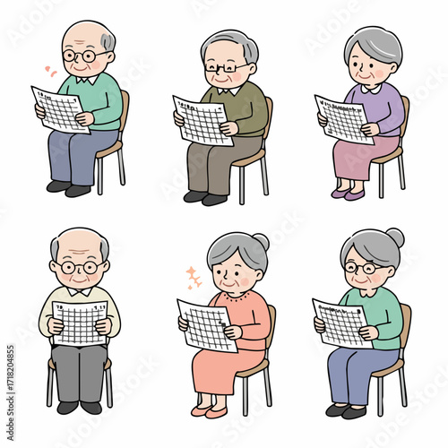 Cartoon Style Diverse Elderly People Reading Newspaper Sitting on Chair Illustration