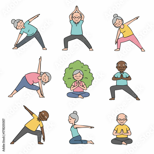Hand Drawn Diverse Senior Woman Yoga Poses Exercise Illustration