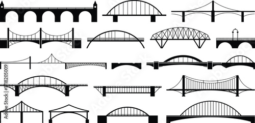 Bridge silhouette vector collection, suspension, arch, cable-stayed, truss, beam bridges, black icons, engineering structures, editable outline design, architectural elements