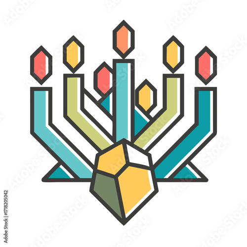 Colorful menorah with lit candles and dreidel for Hanukkah celebration  