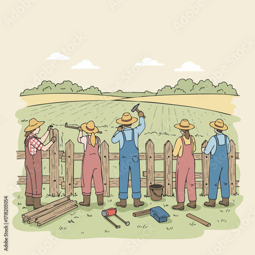 Handdrawn Group of Farmers Building Wooden Fence in a Rural Landscape