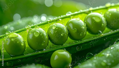 Fresh green peas in a pod with water drops