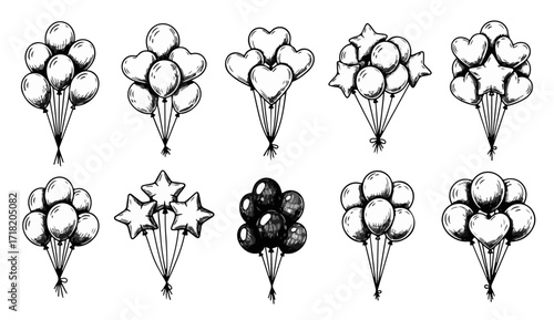 Celebrate with these whimsical hand-drawn balloon bunches in star, heart, and classic shapes for party invites, cards, and festive designs