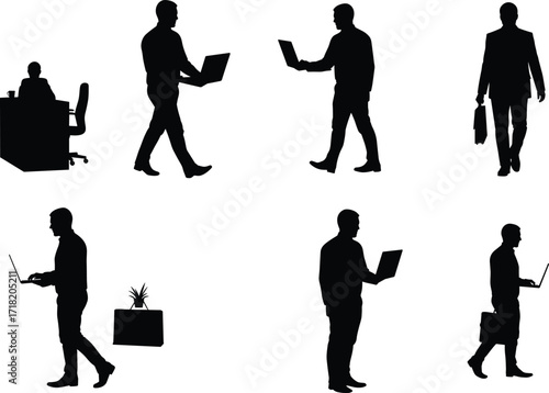 Business silhouettes, office workers, laptop users, remote work, professional poses, teamwork, briefcase, modern workplace, corporate lifestyle, productivity, digital communication