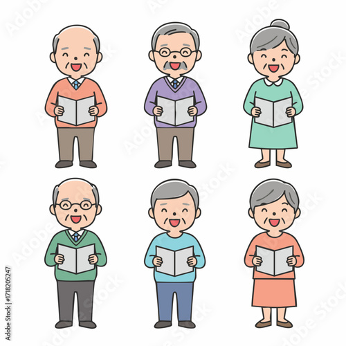 Cartoon Style Cheerful Elderly People Reading Book Character Illustration