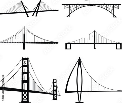 Bridge silhouette vector set, suspension, cable-stayed, cantilever, modern bridge icons, engineering structures, editable outline design, architectural elements, black style
