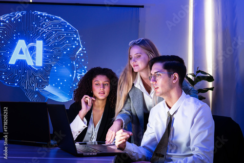 multinational team of male and female employees brainstorms, discusses ideas, and watches a hologram display. Global business. Management strategy. Science technology. Sustainable development goals.