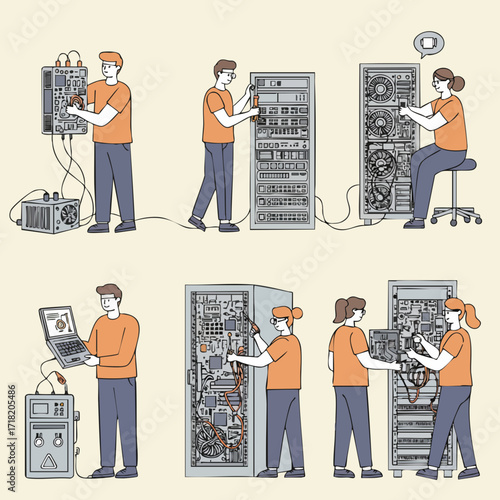 Flat Line Illustration Technician Repairing Server Rack Computer Maintenance