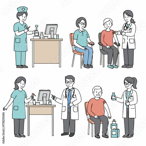 Line Drawing Doctors and Nurses Vaccinating Patients at Clinic Illustration